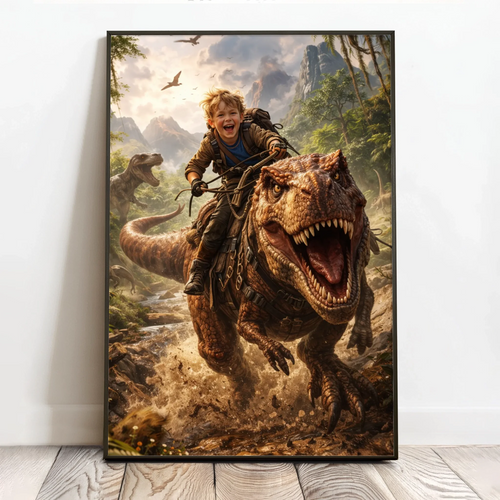 Personalizowany plakat fantasy z dinozaurami i imionkiem, format 40x60 cm, projekt Zapomniany świat