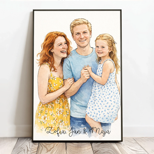 Personalizowany portret rodzinny w technice akwareli, plakat z własnymi zdjęciami rodziny i pary