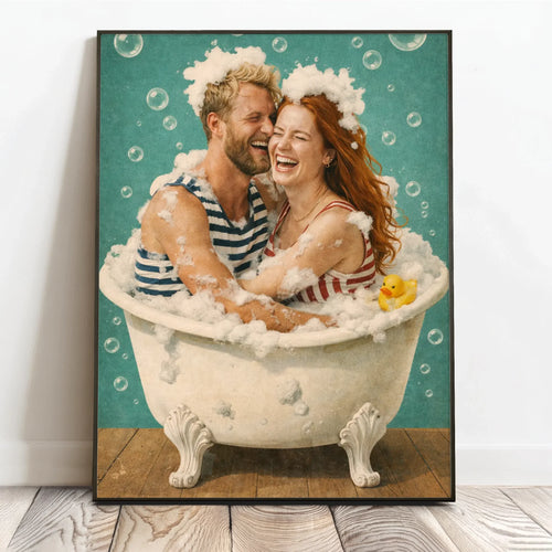 Personalizowany plakat humorystyczny do łazienki dla par, motyw zabawy w wannie, format 40x60 – Motiv 2