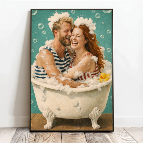 Personalizowany plakat humorystyczny do łazienki dla par, motyw zabawy w wannie, format 40x60