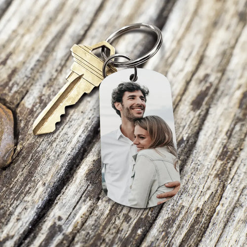Personalizowany brelok do kluczy dla par Jedź ostrożnie, szczotkowana stal nierdzewna, dwustronny nadruk ze – Motiv 2