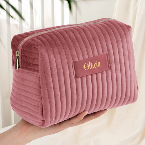 Personalizowana kosmetyczka Wavy z aksamitu z imieniem i solidnymi uchwytami do noszenia