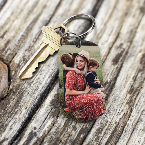 Personalizowany brelok do kluczy ze zdjęciem i imieniem, wykonany ze szczotkowanej stali nierdzewnej - Wielki skarb – Motiv 2