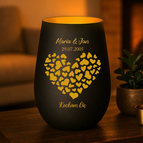 Personalizowany lampion walentynkowy dla par z grawerem serca, eleganckie matowe szkło – Motiv 2
