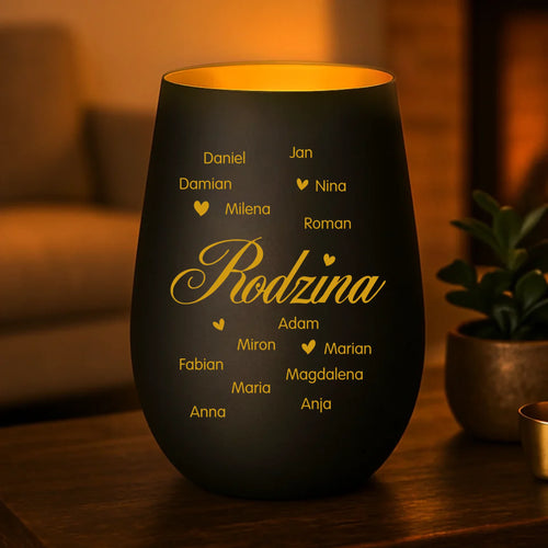 Personalizowany lampion Rodzina to z sgrawerowanym imieniem, matowym szklom i motywem rodzinnym, rozświetlający – Motiv 2