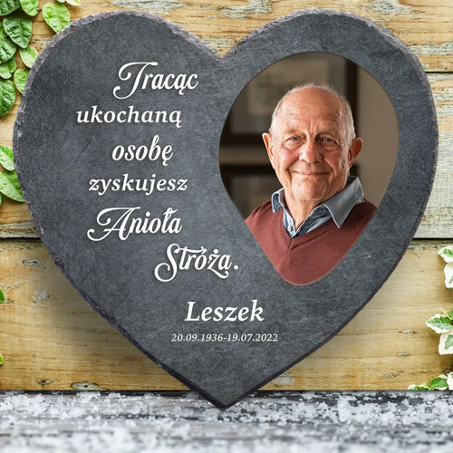 Personalizowane serce z łupka Anioł Stróż z grawerem lub sublimacją, naturalna struktura kamienia – Motiv 2