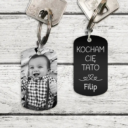 Personalizowany brelok do kluczy z grawerem czarno-białym, uszlachetniona aluminiowa powłoka, dwustronny grawer – Motiv 2