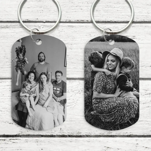 Personalizowany brelok do kluczy z czarno-białym grawerem zdjęcia na obu stronach, aluminiowa powłoka