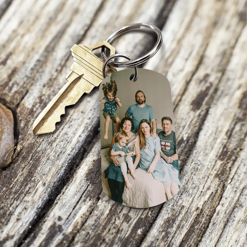 Personalizowany brelok do kluczy ze szczotkowanej stali nierdzewnej, nadruk zdjęcia, dwustronne wykonanie – Motiv 2