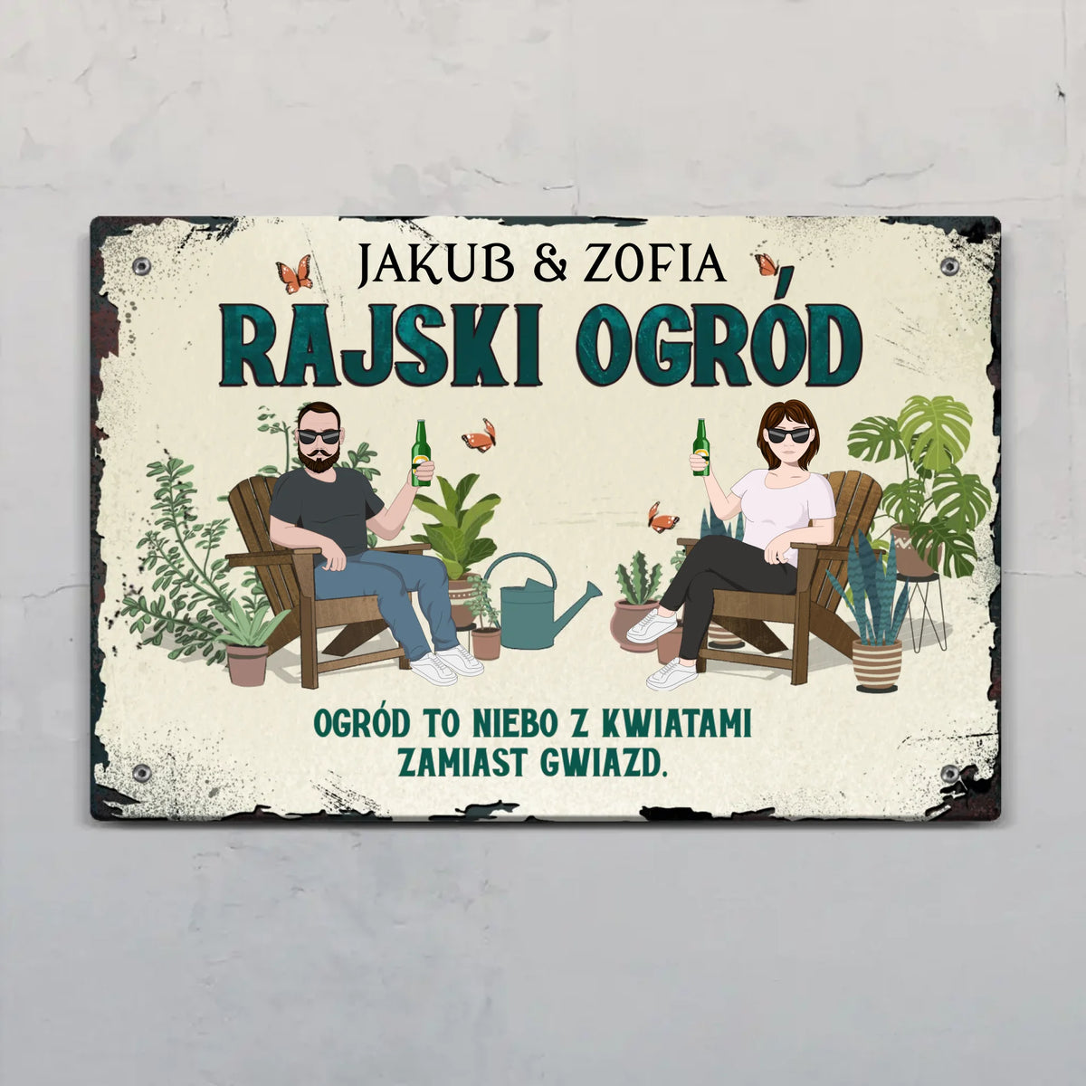 Personalizowana tabliczka na drzwi zewnętrzne Nasz rajski ogród z imieniem, wykonana z Alu-Dibond