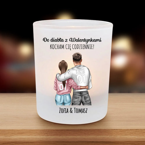 Personalizowany świecznik tealight dla par Przy Tobie z zabawnymi napisami, satynowe wykończenie, druk UV-DTF – Motiv 2