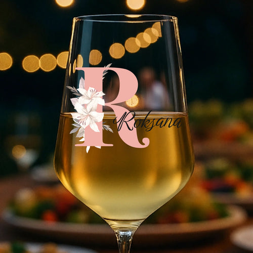 Kieliszek do wina personalizowany z imieniem i inicjałem, nadruk UV-DTF, pojemność 450 ml – Motiv 2