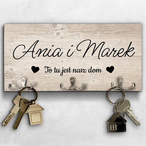 Personalizowana tablica na klucze dla par Nasz dom z haczkami, druk UV, możliwość dodania imion lub daty