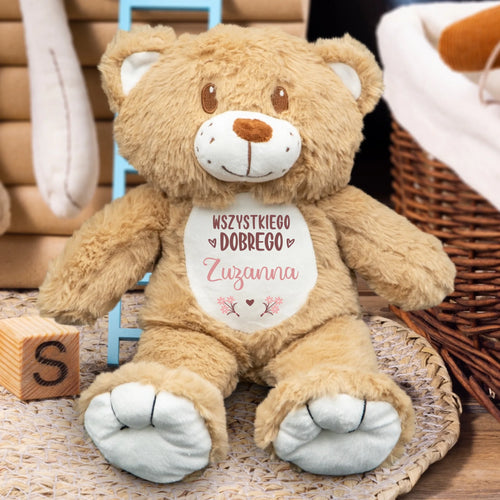 Pluszowy miś z personalizowanym napisem, idealny na szybki powrót do zdrowia