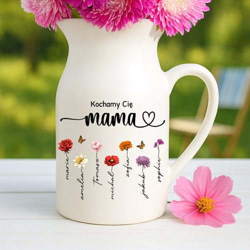 Personalizowany wazon ceramiczny Ogród Mamy z kwiatami i imionami rodziny, nadruk UV-DTF – Motiv 2