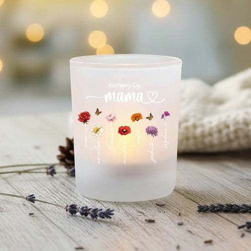 Personalizowany świecznik na tealight Ogród Mamy z kwiatami i imionami, satynowane szkło