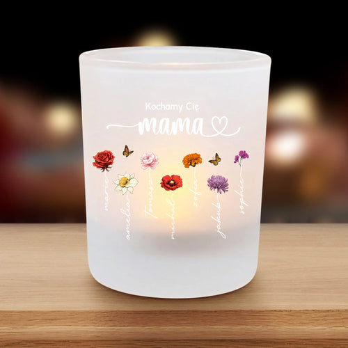 Personalizowany świecznik na tealight Ogród Mamy z kwiatami i imionami, satynowane szkło – Motiv 2