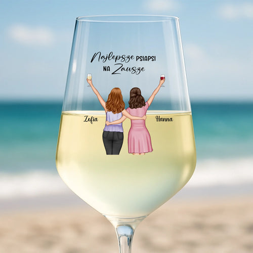 Personalizowany kieliszek do wina Besties z nadrukiem dla przyjaciółek i sióstr, pojemność 450 ml