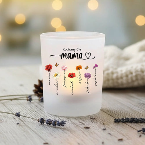 Personalizowany świecznik na tealight Ogród Mamy ze kwiatami i imionami dzieci, wykonany z matowego szkła satynowanego