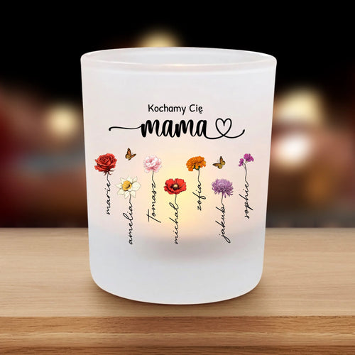 Personalizowany świecznik na tealight Ogród Mamy ze kwiatami i imionami dzieci, wykonany z matowego szkła – Motiv 2